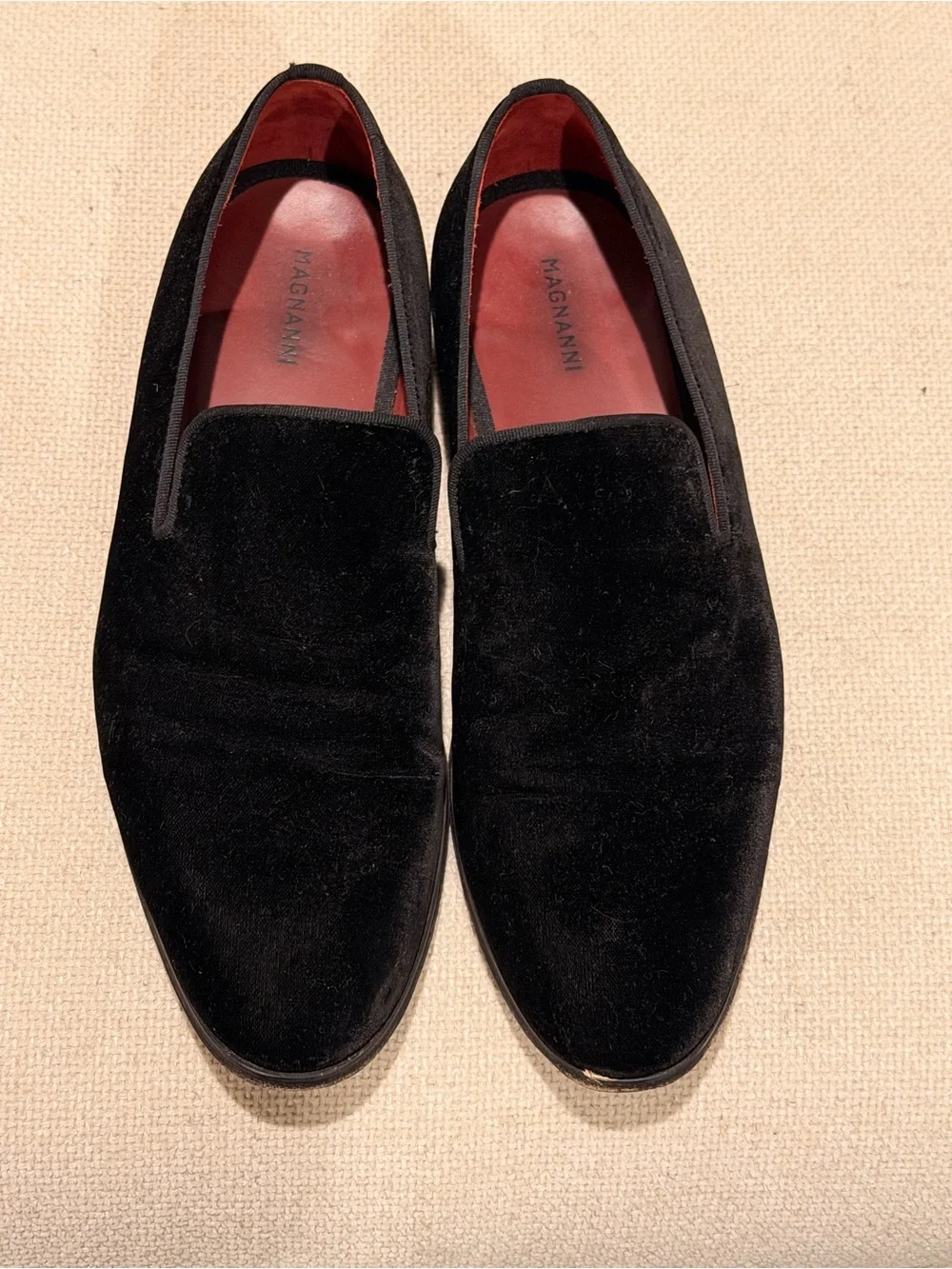 Magnanni Black Velvet Slip-On Loafers with Red Leather Lining